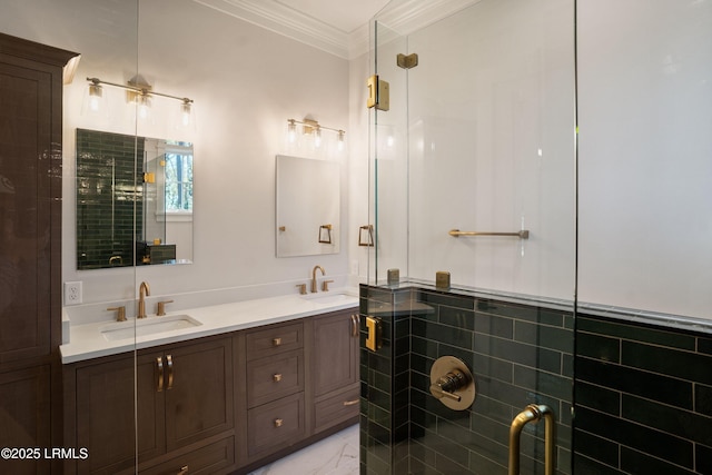 bathroom featuring crown molding, tile walls, vanity, and a shower with shower door