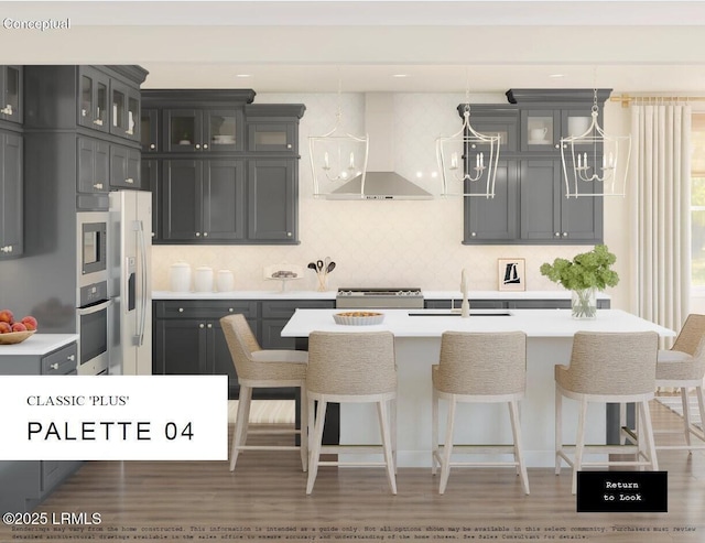 kitchen featuring wall chimney exhaust hood, range, a sink, and light countertops