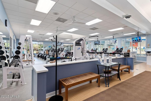 exercise room featuring light carpet and a paneled ceiling