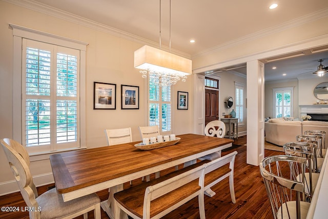 dining area featuring ornamental molding, dark hardwood / wood-style floors, and ceiling fan