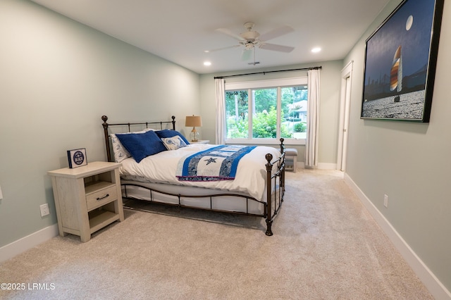 bedroom featuring baseboards, ceiling fan, recessed lighting, and light colored carpet