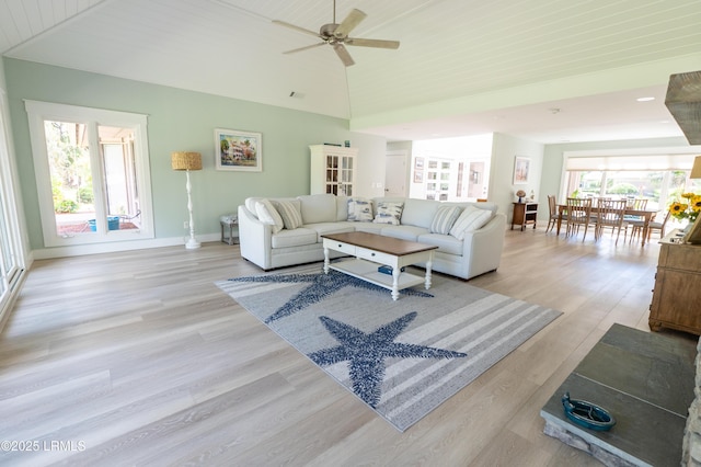 living room featuring baseboards, a ceiling fan, wooden ceiling, vaulted ceiling, and light wood-style floors