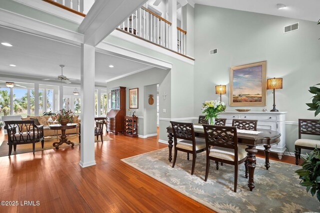 208 Cotton Dike Rd, Saint Helena Island, SC 29920 - dining space featuring ceiling fan, wood finished floors, baseboards, ornamental molding, and recessed lighting