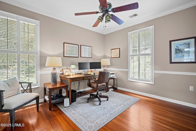 208 Cotton Dike Rd, Saint Helena Island, SC 29920 - home office featuring ceiling fan, wood finished floors, baseboards, and ornamental molding
