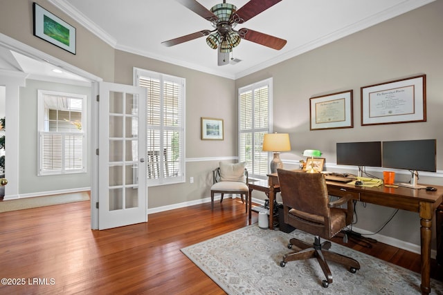 208 Cotton Dike Rd, Saint Helena Island, SC 29920 - home office with ornamental molding, wood finished floors, baseboards, ceiling fan, and french doors