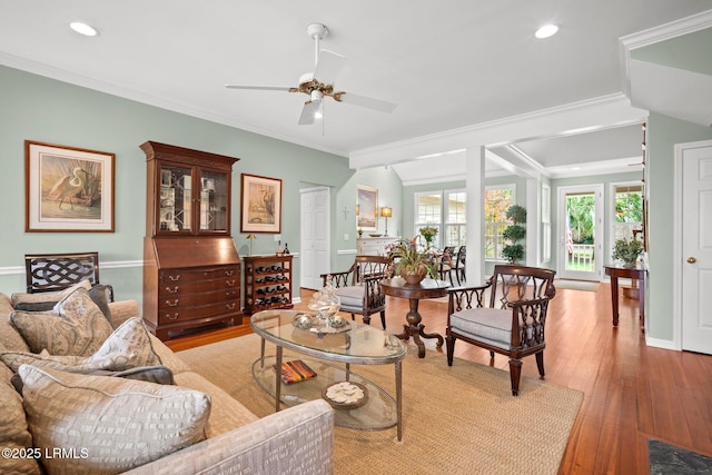 208 Cotton Dike Rd, Saint Helena Island, SC 29920 - living area featuring ornamental molding, ceiling fan, light wood-style floors, recessed lighting, and baseboards
