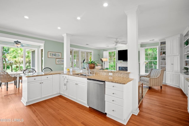 208 Cotton Dike Rd, Saint Helena Island, SC 29920 - kitchen featuring dishwasher, a ceiling fan, a sink, decorative columns, and crown molding