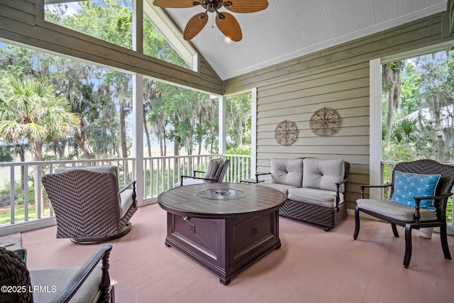 208 Cotton Dike Rd, Saint Helena Island, SC 29920 - sunroom / solarium featuring a ceiling fan, outdoor lounge area, vaulted ceiling, and healthy amount of natural light