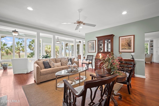 208 Cotton Dike Rd, Saint Helena Island, SC 29920 - living room with ceiling fan, crown molding, wood finished floors, healthy amount of natural light, and recessed lighting