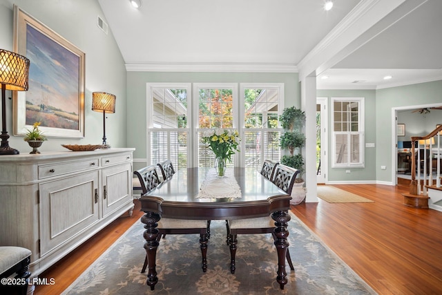 208 Cotton Dike Rd, Saint Helena Island, SC 29920 - dining area with stairway, wood finished floors, crown molding, baseboards, and recessed lighting