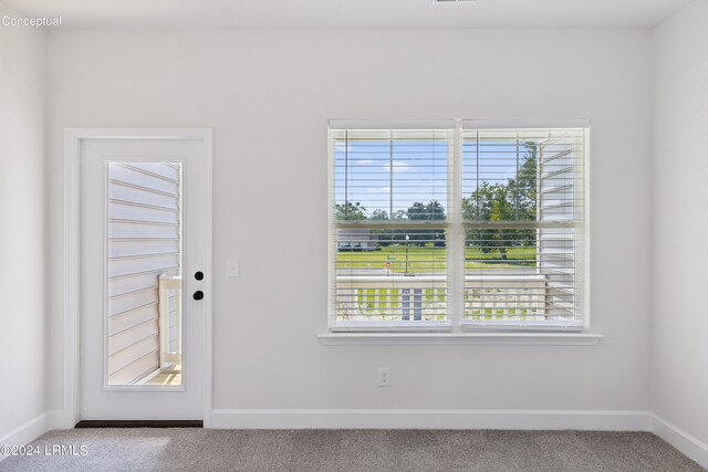 entryway featuring carpet, visible vents, and baseboards