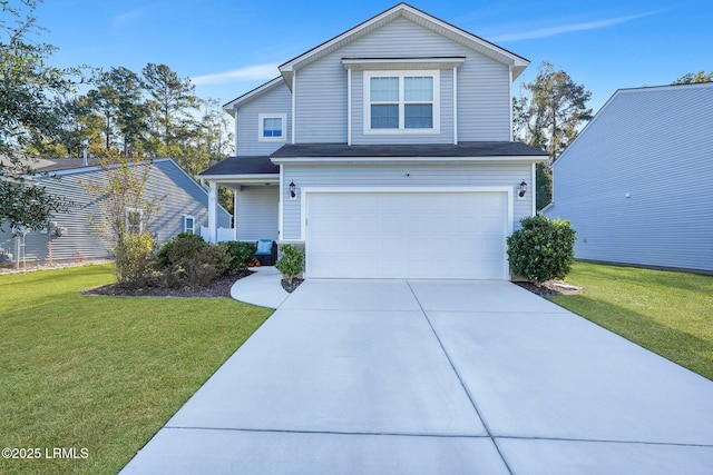 view of property featuring a garage and a front yard