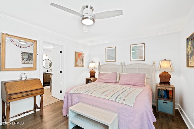 12 Harvest Ln, Beaufort, SC 29907 - bedroom featuring a ceiling fan, crown molding, wood finished floors, baseboards, and ensuite bath