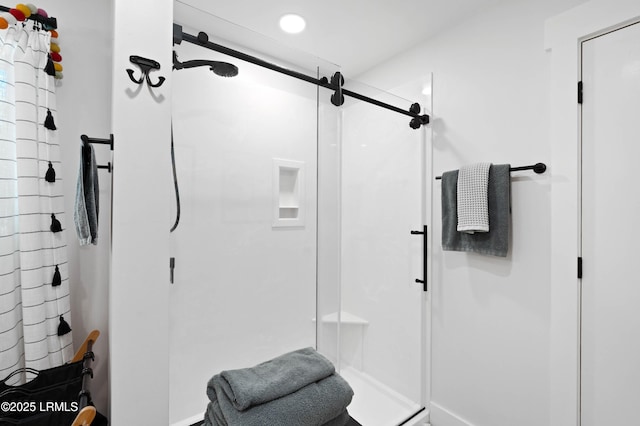 12 Harvest Ln, Beaufort, SC 29907 - bathroom with recessed lighting, baseboards, and a shower stall