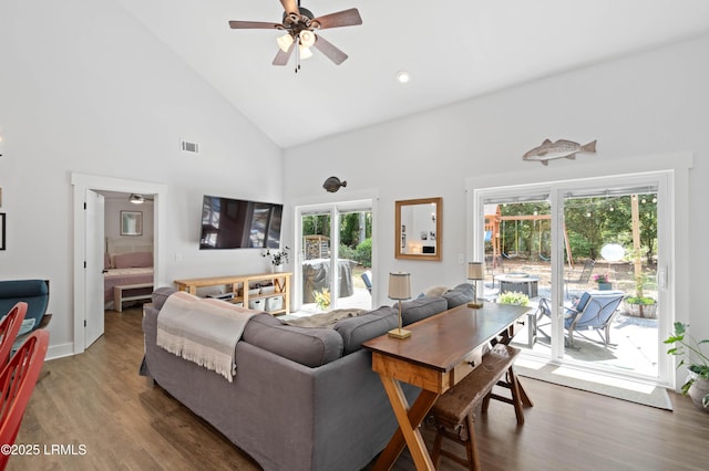 12 Harvest Ln, Beaufort, SC 29907 - living room featuring high vaulted ceiling, a ceiling fan, recessed lighting, wood finished floors, and visible vents