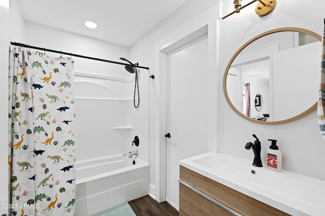 12 Harvest Ln, Beaufort, SC 29907 - bathroom with shower / bath combo, wood finished floors, vanity, baseboards, and recessed lighting