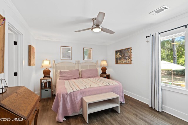 12 Harvest Ln, Beaufort, SC 29907 - bedroom with ceiling fan, visible vents, crown molding, wood finished floors, and baseboards