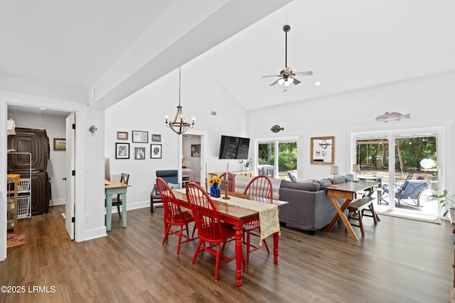 12 Harvest Ln, Beaufort, SC 29907 - dining room with high vaulted ceiling, baseboards, ceiling fan with notable chandelier, and wood finished floors
