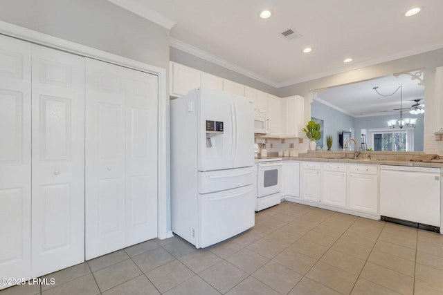 kitchen featuring tasteful backsplash, white cabinetry, light tile patterned floors, crown molding, and white appliances