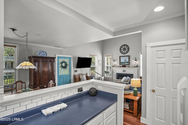 1009 9th St, Port Royal, SC 29935 - kitchen with crown molding, wood finished floors, a fireplace, open floor plan, and white cabinetry