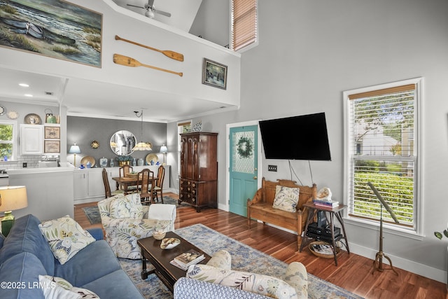 1009 9th St, Port Royal, SC 29935 - living area featuring wood finished floors, plenty of natural light, a towering ceiling, ceiling fan, and ornamental molding