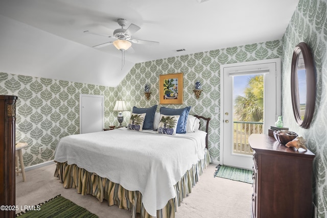 1009 9th St, Port Royal, SC 29935 - bedroom featuring wallpapered walls, access to exterior, carpet floors, and a ceiling fan
