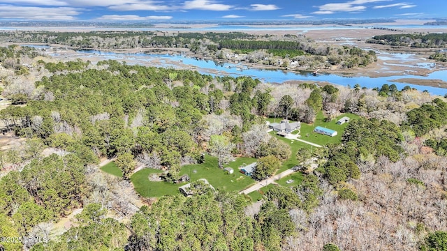 drone / aerial view with a forest view and a water view