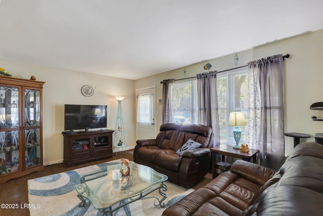 living room with baseboards and wood finished floors