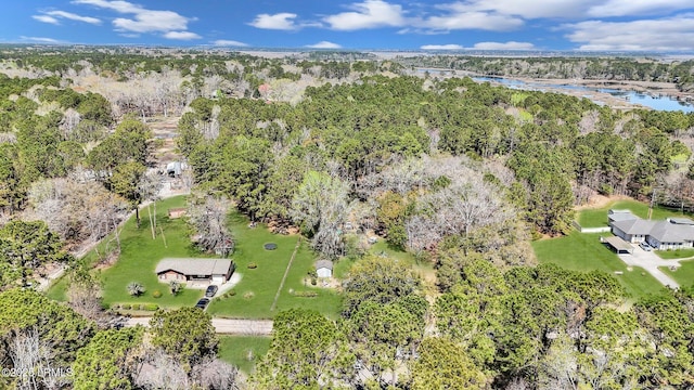 birds eye view of property with a forest view and a water view