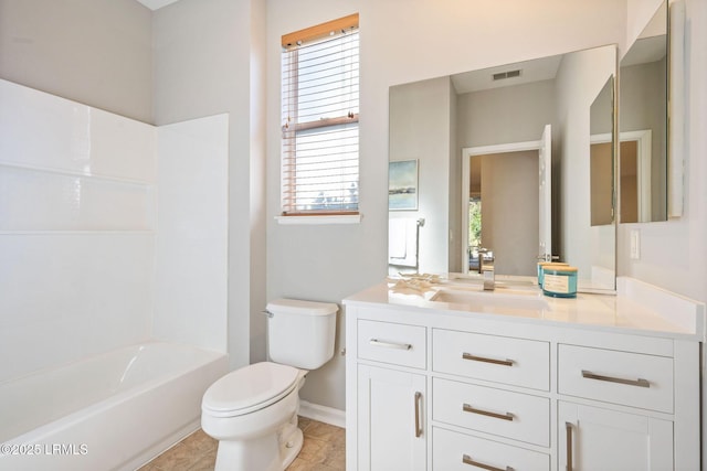 full bathroom with shower / bathtub combination, vanity, toilet, and tile patterned flooring