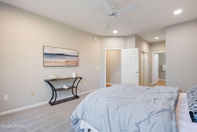 carpeted bedroom featuring ceiling fan