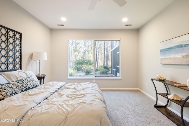 carpeted bedroom featuring ceiling fan