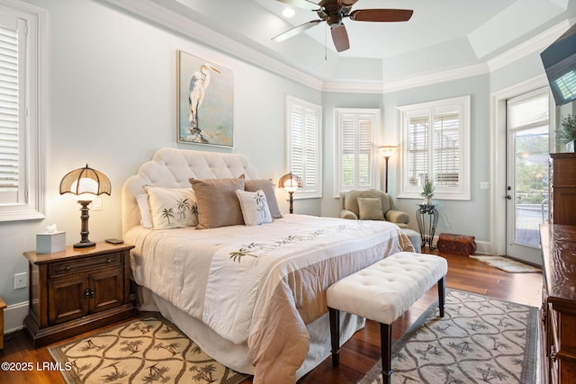 10 Anchor Bay Ct, Bluffton, SC 29910 - bedroom featuring access to exterior, light wood-style flooring, a ceiling fan, and a raised ceiling