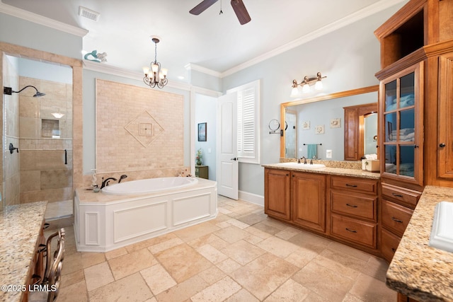 10 Anchor Bay Ct, Bluffton, SC 29910 - full bathroom featuring a garden tub, a shower stall, stone tile flooring, vanity, and ornamental molding