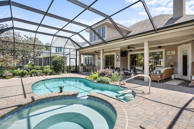 10 Anchor Bay Ct, Bluffton, SC 29910 - view of swimming pool featuring ceiling fan, a pool with connected hot tub, a patio area, and glass enclosure