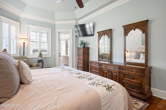 10 Anchor Bay Ct, Bluffton, SC 29910 - bedroom with dark wood finished floors, a tray ceiling, a ceiling fan, and ornamental molding