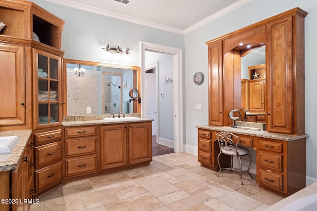 10 Anchor Bay Ct, Bluffton, SC 29910 - bathroom with two vanities, ornamental molding, stone tile flooring, and a shower