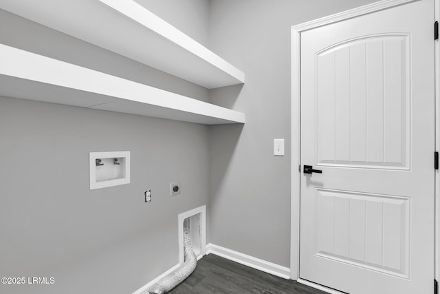 washroom with electric dryer hookup, washer hookup, and dark hardwood / wood-style flooring