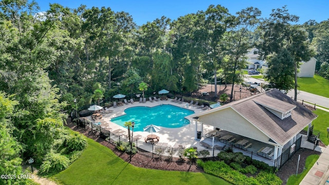 view of swimming pool with a patio and a lawn