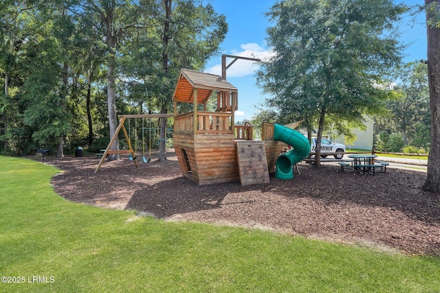 view of play area featuring a lawn