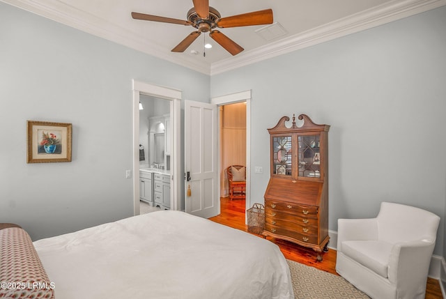 1448 Gleasons Landing Dr, Saint Helena Island, SC 29920 - bedroom featuring ornamental molding, wood finished floors, recessed lighting, connected bathroom, and a ceiling fan