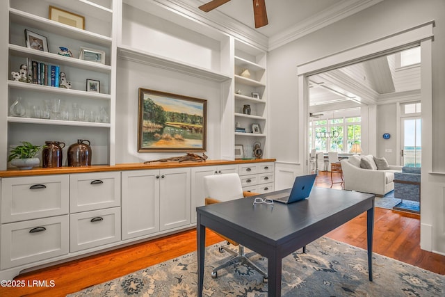 1448 Gleasons Landing Dr, Saint Helena Island, SC 29920 - office with light wood-type flooring, ornamental molding, ceiling fan, and built in shelves