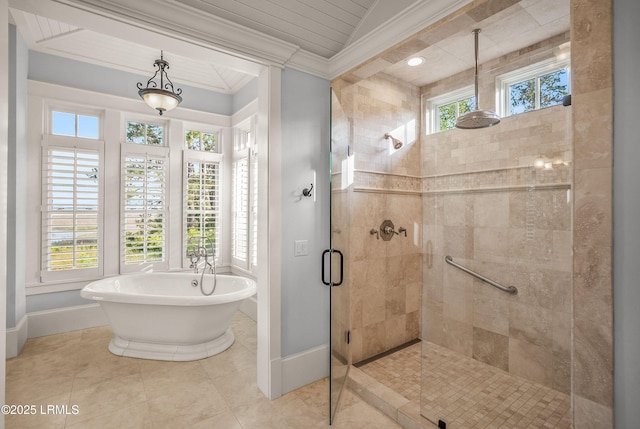1448 Gleasons Landing Dr, Saint Helena Island, SC 29920 - full bathroom with crown molding, baseboards, a soaking tub, and a shower stall