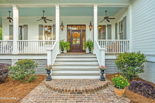 1448 Gleasons Landing Dr, Saint Helena Island, SC 29920 - property entrance featuring a ceiling fan and covered porch
