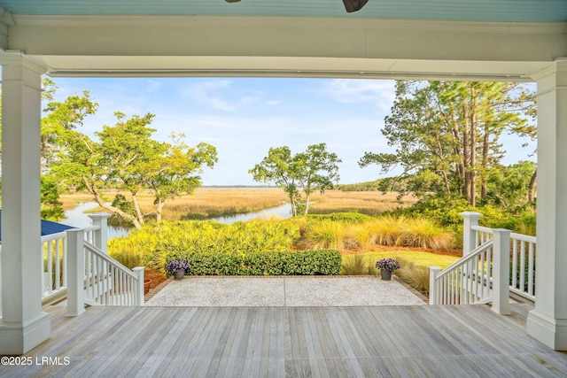 1448 Gleasons Landing Dr, Saint Helena Island, SC 29920 - wooden terrace featuring a water view and a patio area