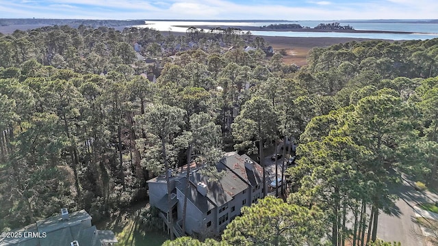 drone / aerial view with a water view and a view of trees