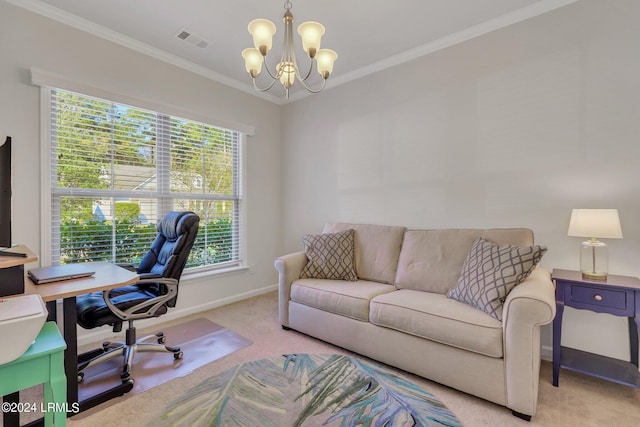 carpeted home office with ornamental molding and a chandelier