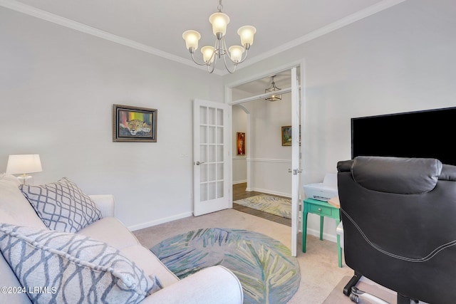 office space featuring ornamental molding, light colored carpet, a notable chandelier, and french doors