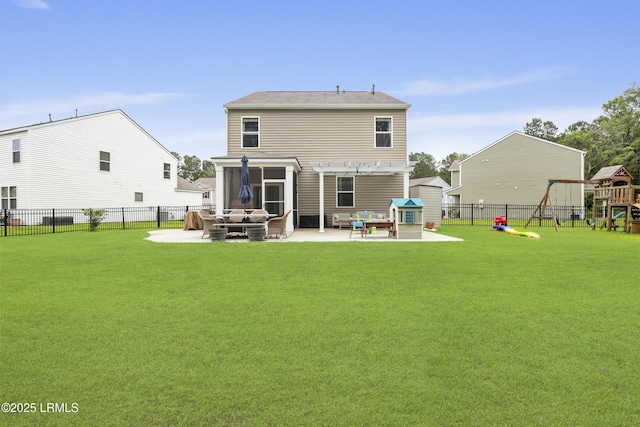 118 Beckenridge Cir, Okatie, SC 29909 - back of property featuring an outdoor hangout area, a patio, a playground, and a pergola