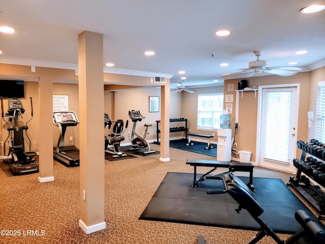 70 Helmsman Way Unit 1410, Hilton Head Island, SC 29928 - exercise room with a ceiling fan, recessed lighting, carpet floors, and crown molding